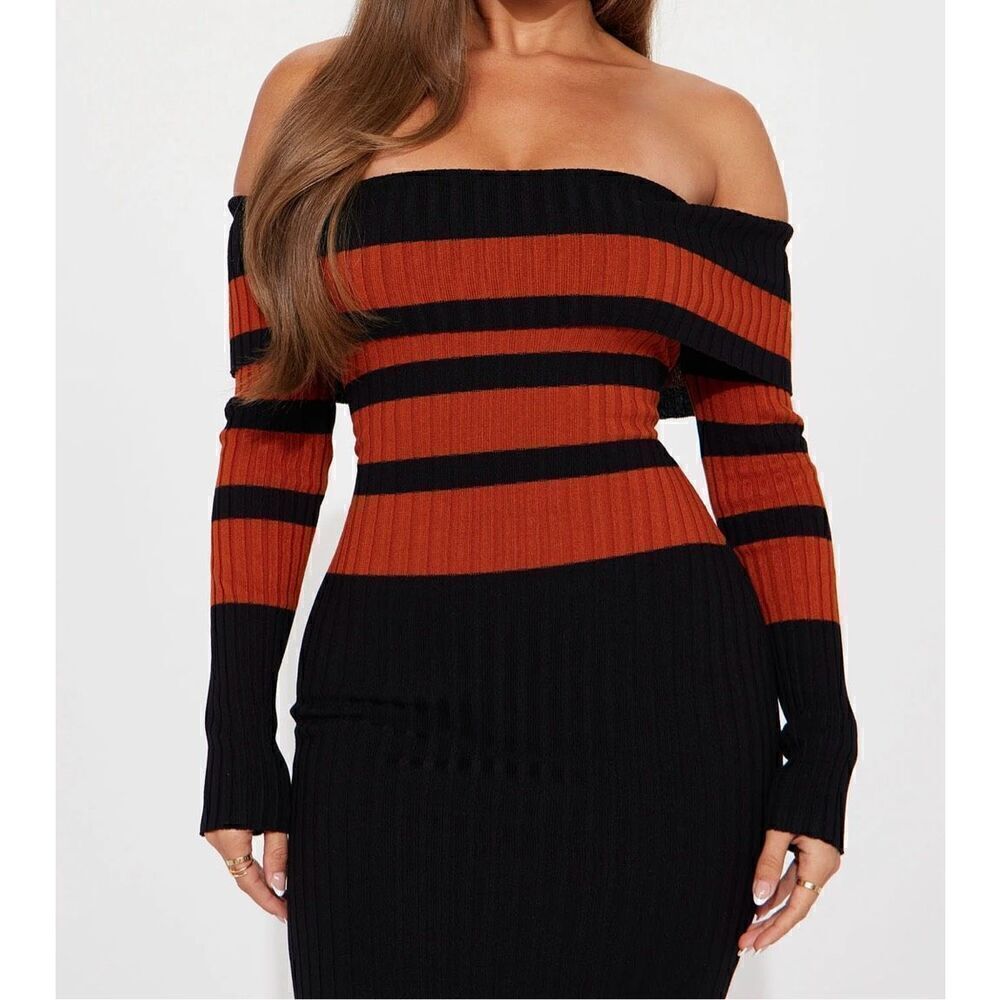 Black and orange midi knit dress